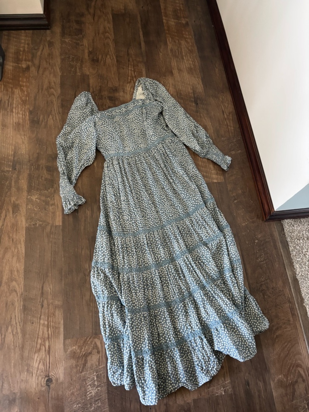 Smocked Bodice Blue Dot Tiered Maxi Dress